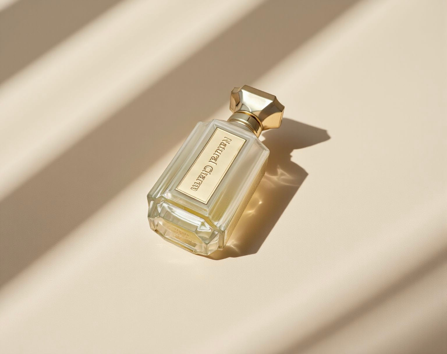 "Natural Charm extrait de parfum by Ainash Parfums — elegant clear bottle with gold cap and label resting on a beige background with soft light shadows"